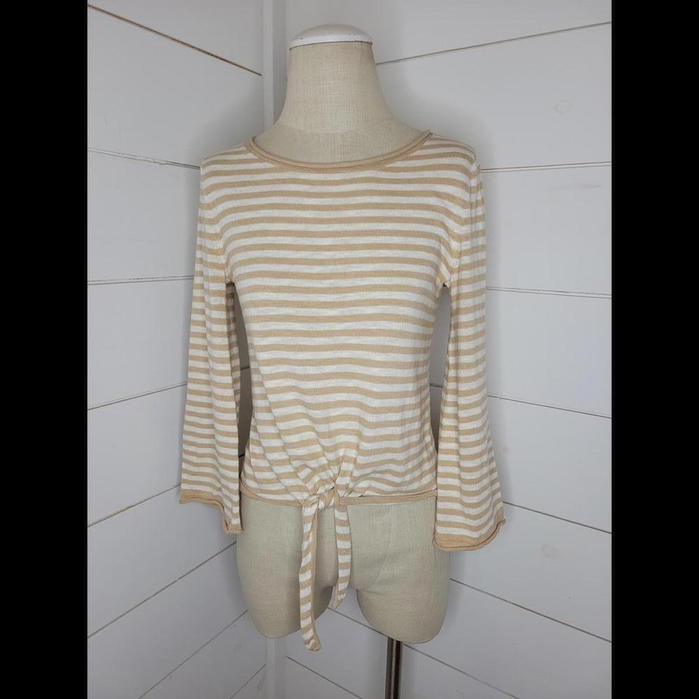 J Crew XXS tan & white striped tie up sweater with bell sleeves